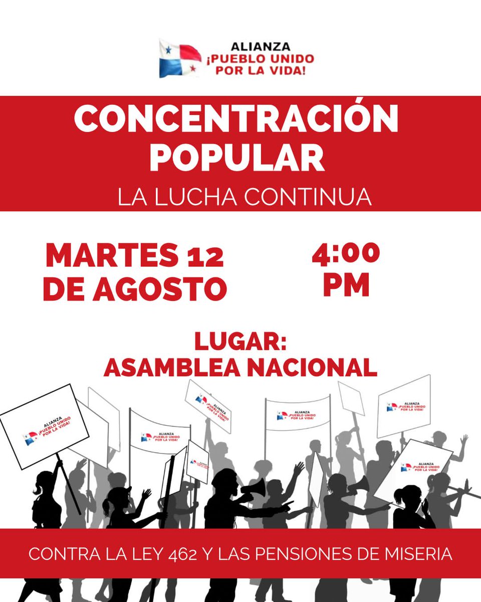 La Alianza Pueblo Unido por la Vida
invita a la concentración popular.
Con el lema:
La lucha continúa...

Todos a la Asamblea 👊🏽