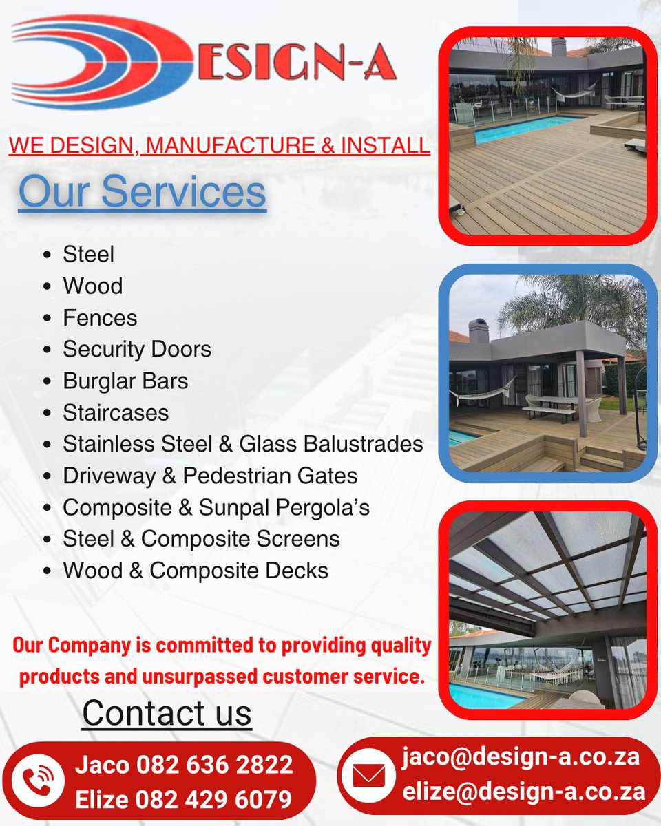 DesignAPretoria's tweet image. We Design, Manufacture and Install - Steel, Stainless Steel &amp;amp; Glass Balustrades, Driveway Gates, Fences, Security Doors, Burglar Bars, Decks and much more...