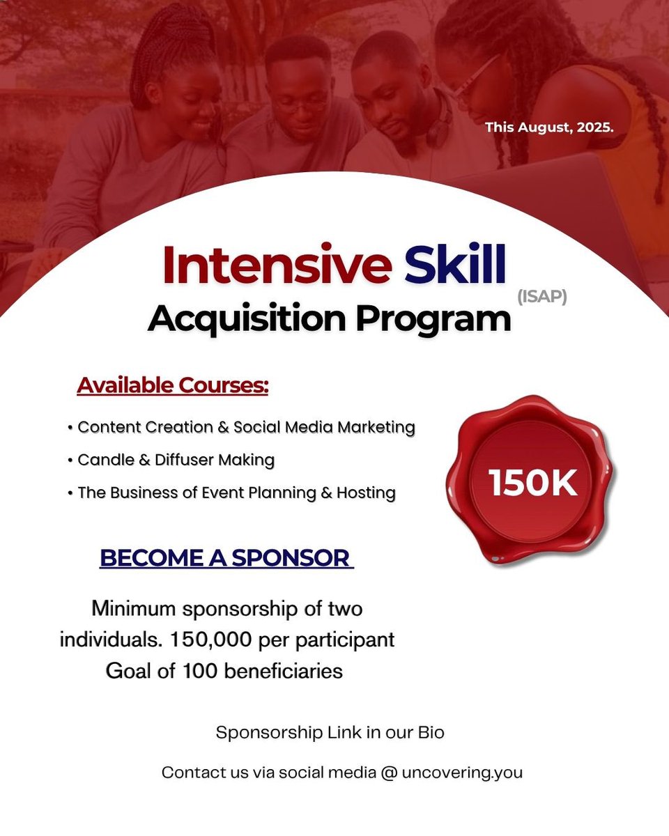 Uncovering_you's tweet photo. Looking for a meaningful way to give back and contribute to lasting impact in the society? 

This is your opportunity.

Become a sponsor today — https://t.co/GLSq7MSB1y

#EmpowerYouths #TrainingProgram #SkillAcquisition #ISAP2025 #UncoveringYou #Empowerment https://t.co/PrEEMWNEXi