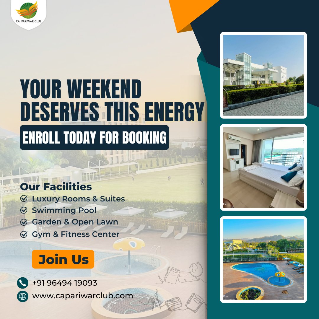 CAPrakashUttam's tweet image. Escape the routine, embrace luxury! 🌴✨
From poolside relaxation to luxury suites, CA Pariwar Club has it all — lush lawns, a state-of-the-art gym &amp;amp; more.
Your perfect weekend getaway is here. Book now! 📞
#CAPariwarClub #WeekendVibes #LuxuryStay #Staycation