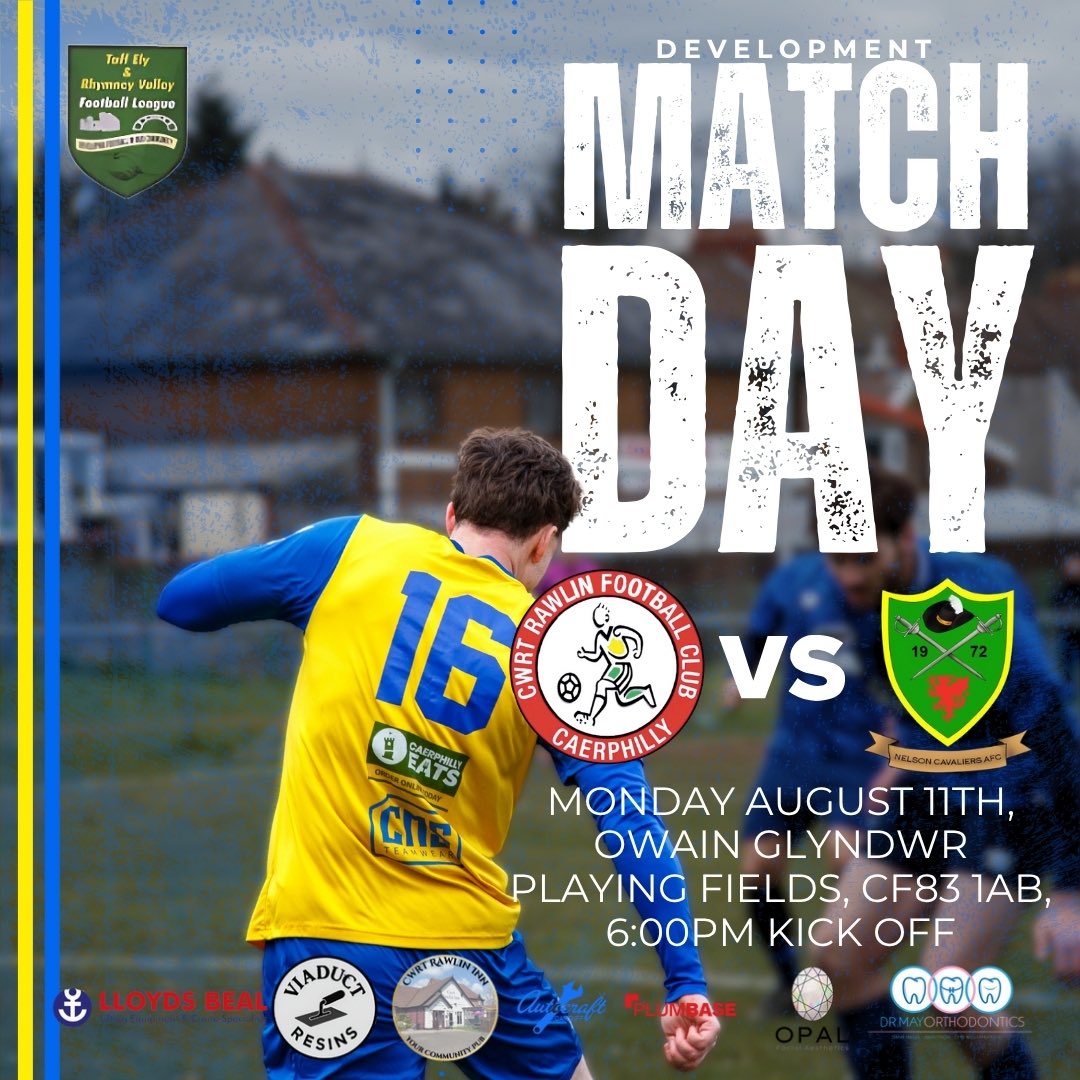 Cwrt Rawlin FC (@cwrtrawlinfc) on Twitter photo ⚽️ DEVELOPMENT MATCH DAY
Our development team are back at it again tonight, up against <a href="/nelsoncavsafc/">Nelson Cavaliers AFC</a> reserves at home! If you’re after some Monday evening entertainment come and support the boys!
🏡 Owain Glyndwr Playing Fields, CF83 1AB
⏰ 6:00PM Kick Off ⚽️ DEVELOPMENT MATCH DAY
Our development team are back at it again tonight, up against <a href="/nelsoncavsafc/">Nelson Cavaliers AFC</a> reserves at home! If you’re after some Monday evening entertainment come and support the boys!
🏡 Owain Glyndwr Playing Fields, CF83 1AB
⏰ 6:00PM Kick Off