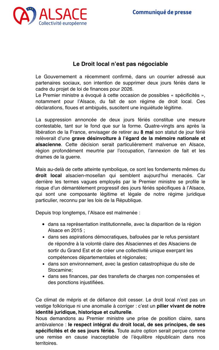 ✍️ 🔴[ALSACE/Elsàss] Le Droit local n’est pas négociable. Ce n’est pas un vestige folklorique ni une anomalie à corriger : c’est un pilier vivant de notre identité juridique, historique et culturelle. #Alsace #droitlocal