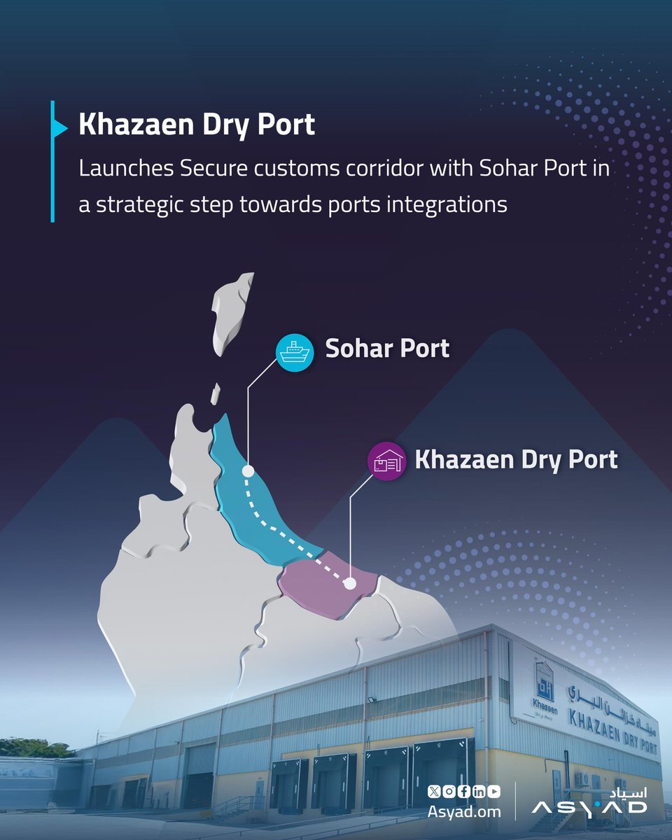 In a strategic collaboration between the Directorate General of Customs and #ASYADGroup, a secure customs corridor has been activated between #Sohar_Port and #Khazaen_Dry_Port. 
Designed to speed up clearance, simplify container movement, and reduce costs for operators.

By
