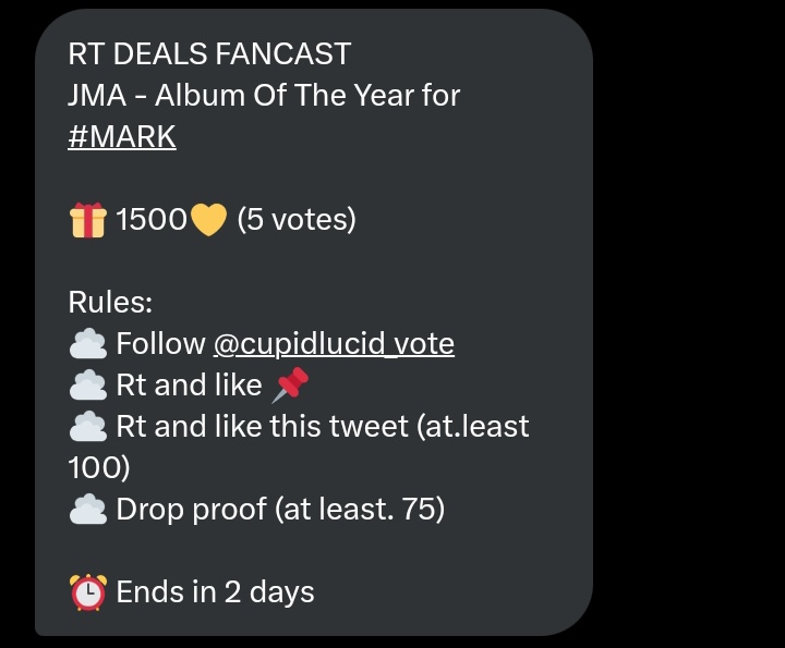 Captainmorkk's tweet image. RT DEALS FANCAST
JMA - Album Of The Year for #MARK

🎁 1500💛 (5 votes)

Rules: 
☁️ Follow @cupidlucid_vote 
☁️ Rt and like 📌 
☁️ Rt and like this tweet (at.least 100)
☁️ Drop proof (at least. 75)

⏰️ Ends in 2 days

#MoloVoting #มาร์คพึโหวต