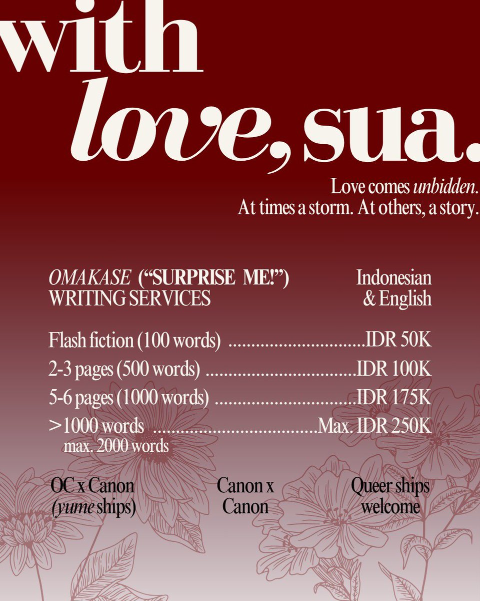 hierophaint's tweet image. WRITING COMMISSION: OPEN

hello everyone! i've received news of a medical emergency. it may result in long-term medical expenses which my day job alone cannot cover. as such, i've decided to begin taking writing commissions.

3 SLOTS AVAILABLE 🌹🌹🌹