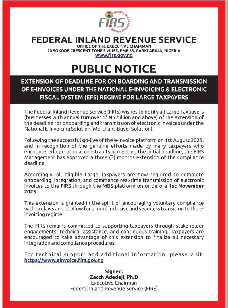 RealAdeshina's tweet photo. Deadline extended for onboarding and transmitting e-invoices under the National E-Invoicing & Electronic Fiscal System (EFS) for large taxpayers.
Source: @FIRSNigeria
#SimplifyingTax #MaximisingRevenue https://t.co/PPoCyRznNw