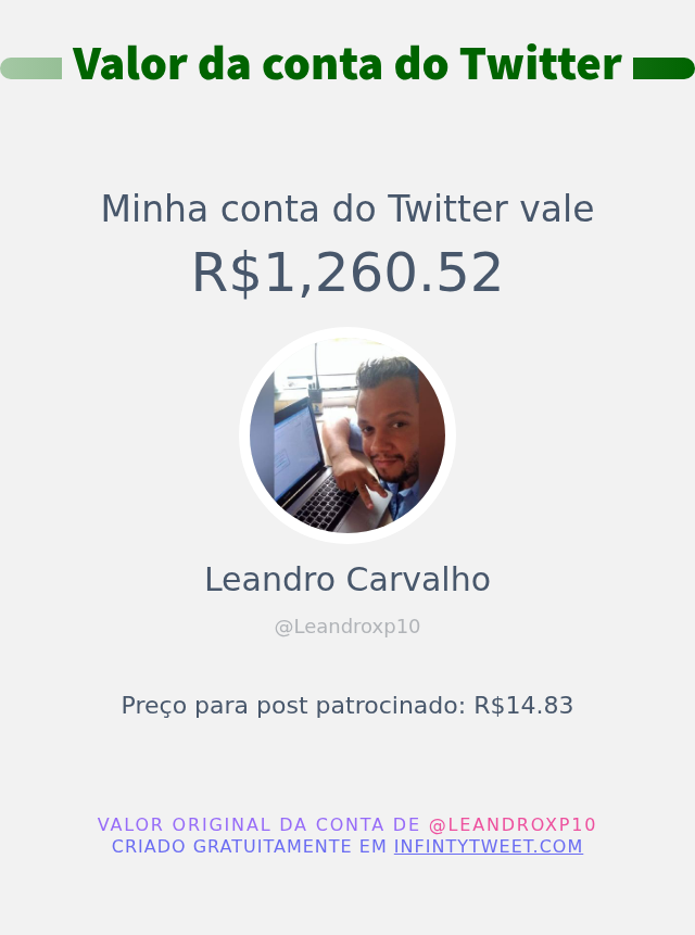 Leandroxp10's tweet photo. Meu valor no Twitter é: R$1,260.52

➡️ https://t.co/4xcI3urxTP https://t.co/AUItbHFJh1
