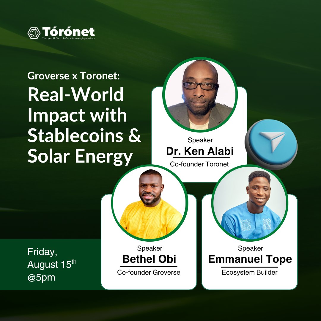AMA: Real-World Impact with Stablecoins &amp; Solar Energy 

Join us on Telegram as we explore how blockchain-powered stablecoins and solar energy solutions are transforming communities.

🎙 Speakers:

Ken Alabi, Co-Founder, <a href="/toronet/">Toronet</a> 

<a href="/0xTopichido/">Topichido💜</a>, Ecosystem Builder, <a href="/toronet/">Toronet</a>
