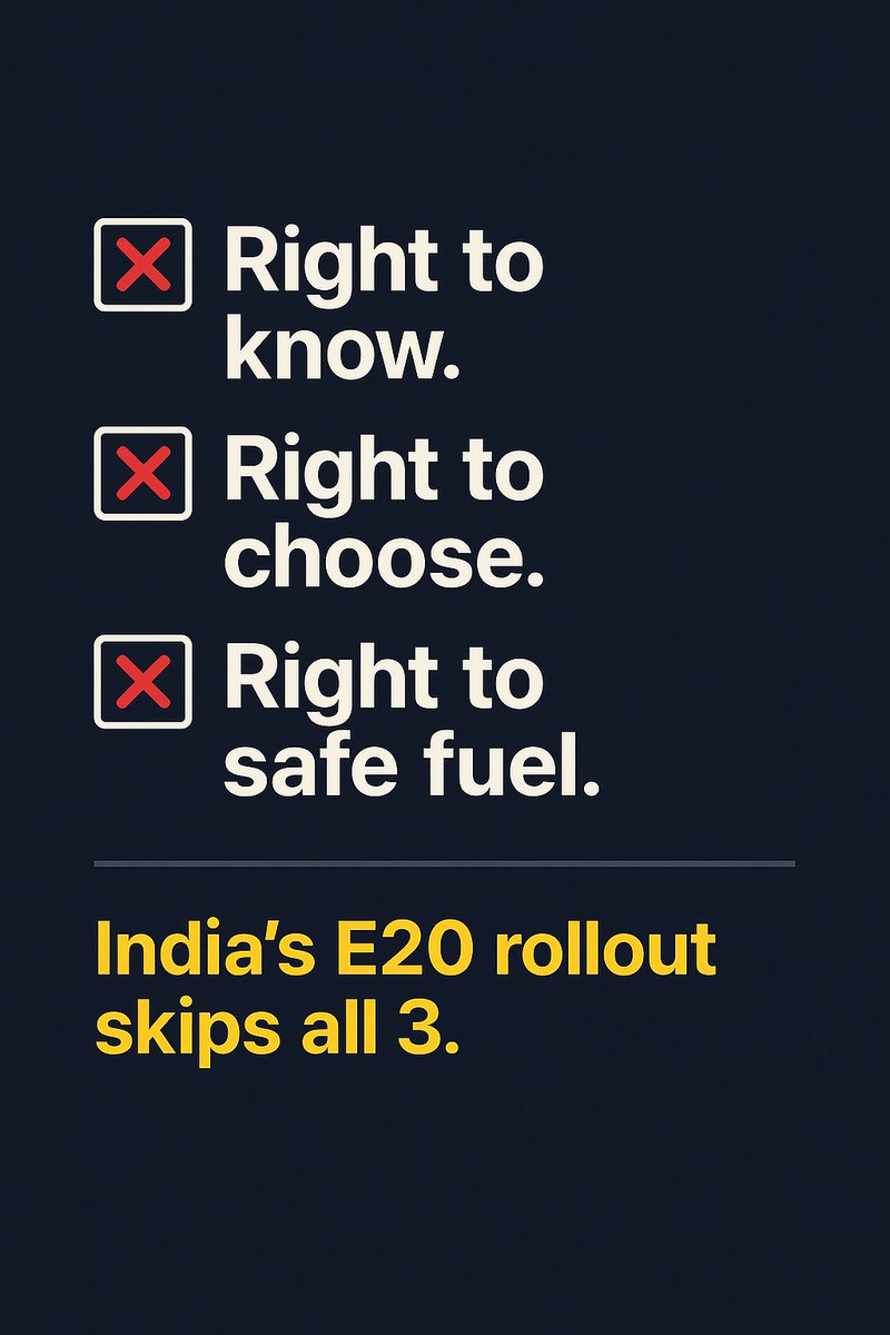 Akshay (@akshay) on Twitter photo #RightToKnow
#RightToChoose
#RightToSafeFuel
India’s E20 rollout skips all 3.
📢 <a href="/PetroleumMin/">Ministry of Petroleum and Natural Gas #MoPNG</a> <a href="/MORTHIndia/">MORTHINDIA</a> — give us E0/E10 choice NOW.
#E20Scam #FuelTruth #StopForcedE20 #RightToKnow
#RightToChoose
#RightToSafeFuel
India’s E20 rollout skips all 3.
📢 <a href="/PetroleumMin/">Ministry of Petroleum and Natural Gas #MoPNG</a> <a href="/MORTHIndia/">MORTHINDIA</a> — give us E0/E10 choice NOW.
#E20Scam #FuelTruth #StopForcedE20