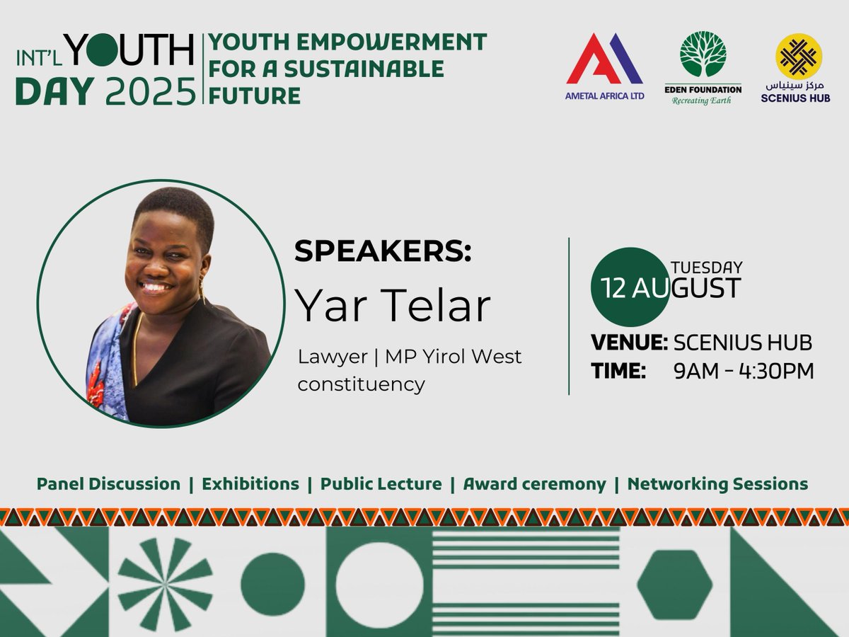 SceniusHub's tweet photo. To mark International Youth Day, we bring together youth shaping policy, creating change, and representing young voices in influence.  Ayen Telar, MP for Yirol West, and Dwatuka Ngoni will share insights on leadership, governance, and climate action in South Sudan.

 #IYD2025 https://t.co/CkKJXDGR0a