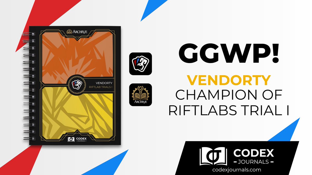 RiftLabTCG (@riftlabtcg) on Twitter photo Congratulations to our winner of the Riftlab Trials I - Vendorty, rewarded with a Physical Copy of the Journal!
Additionally, for all of the players who had to drop out of the Top 8, they shall also be awarded a Digital Copy of the Journal!
Thanks to <a href="/TheCodexJournal/">Thomas at Codex Journals</a> Congratulations to our winner of the Riftlab Trials I - Vendorty, rewarded with a Physical Copy of the Journal!
Additionally, for all of the players who had to drop out of the Top 8, they shall also be awarded a Digital Copy of the Journal!
Thanks to <a href="/TheCodexJournal/">Thomas at Codex Journals</a>