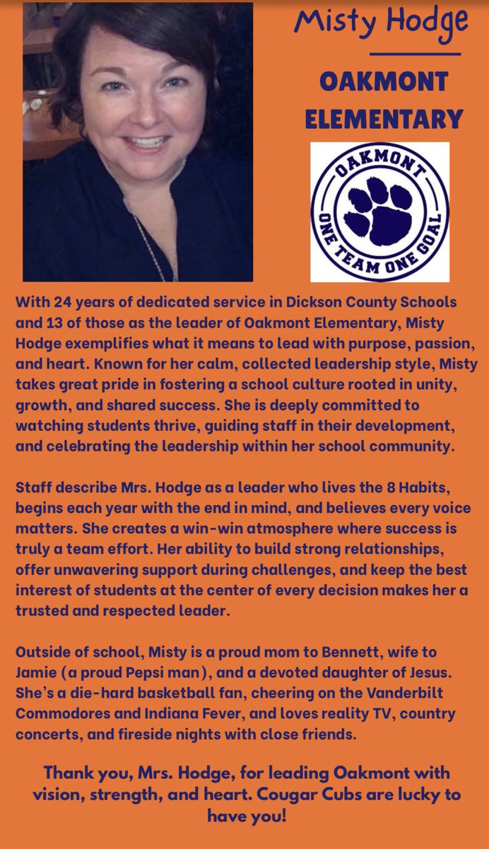 MelindaFortner's tweet photo. Principal Highlight for August is @oes_cougarcubs Mrs. Misty Hodge. @DCS_TN is proud to have her leadership! 🧡💙 https://t.co/QXAyxjMOZe