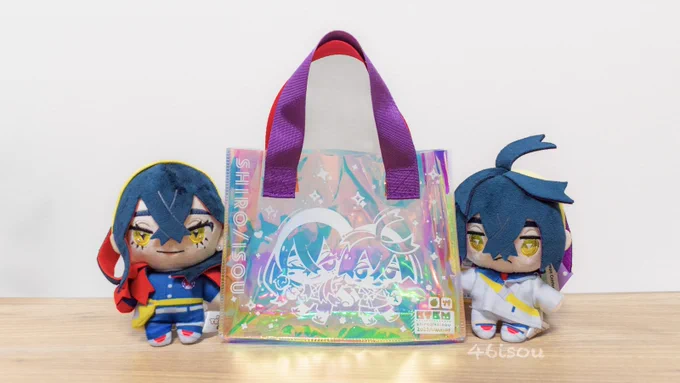 チャレのノベルティにするビニールバッグ届いたー!!か、かわいい…!! 透明のキラキラオーロラ素材に、持ち手の色が姉弟カラーになってますなんとなんとぬいが2体ぴったり入るぬいばになります!! とても可愛く作ってもらったので、ぜひぜひお買い物のお供にしてください〜!