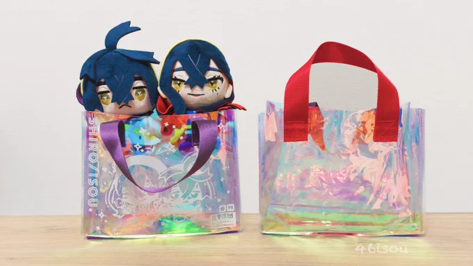 チャレのノベルティにするビニールバッグ届いたー!!か、かわいい…!! 透明のキラキラオーロラ素材に、持ち手の色が姉弟カラーになってますなんとなんとぬいが2体ぴったり入るぬいばになります!! とても可愛く作ってもらったので、ぜひぜひお買い物のお供にしてください〜!
