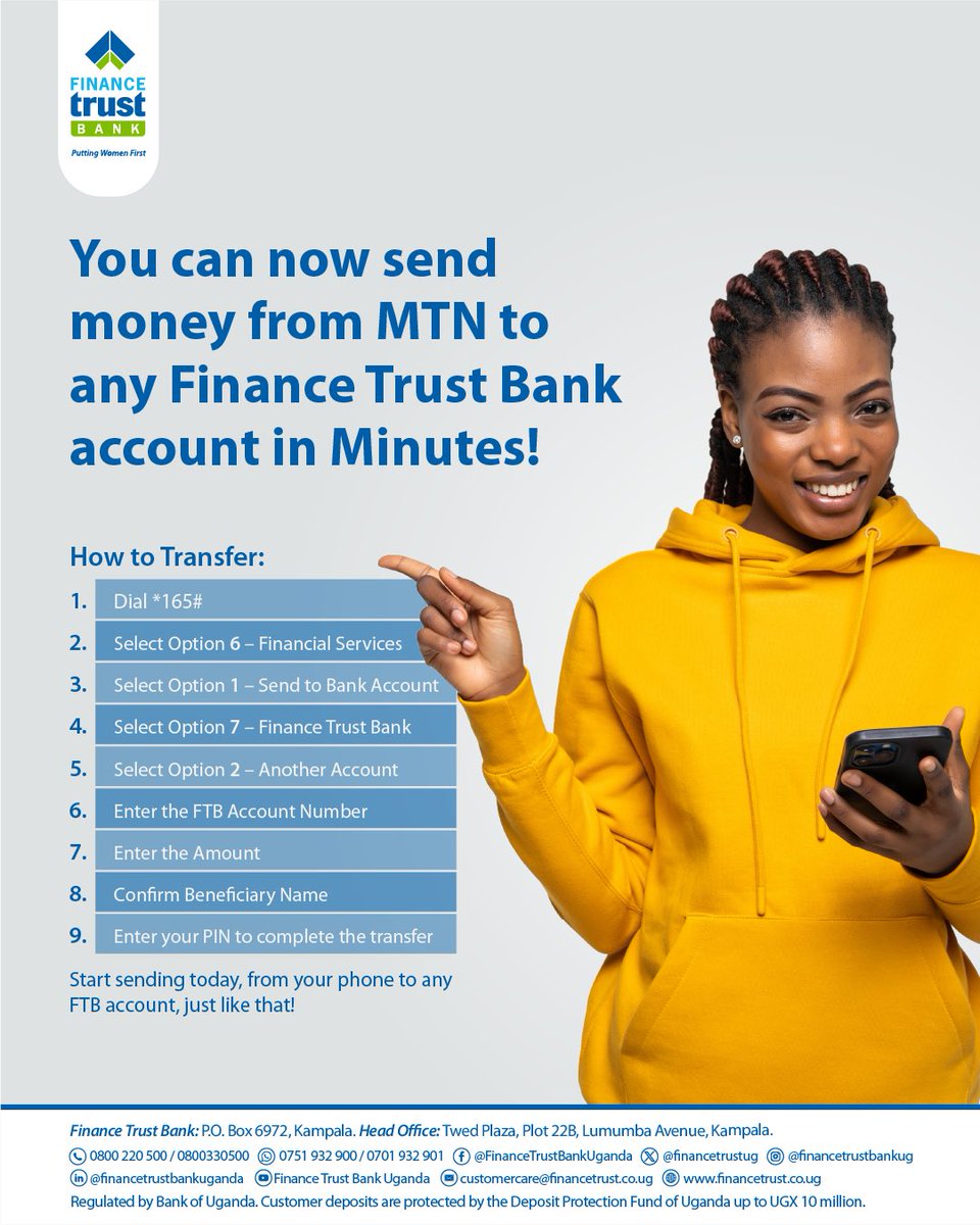 Finance Trust Bank Uganda (@financetrustug) on Twitter photo NOW, you can transfer funds straight from your <a href="/mtnug/">MTN Uganda</a> Mobile Money wallet to any Finance Trust Bank account — anytime, anywhere! 💛🚀
No queues. No forms. Just dial *165#, follow the prompts, and your money will be in your account in minutes!
Want to transfer money from your NOW, you can transfer funds straight from your <a href="/mtnug/">MTN Uganda</a> Mobile Money wallet to any Finance Trust Bank account — anytime, anywhere! 💛🚀
No queues. No forms. Just dial *165#, follow the prompts, and your money will be in your account in minutes!
Want to transfer money from your