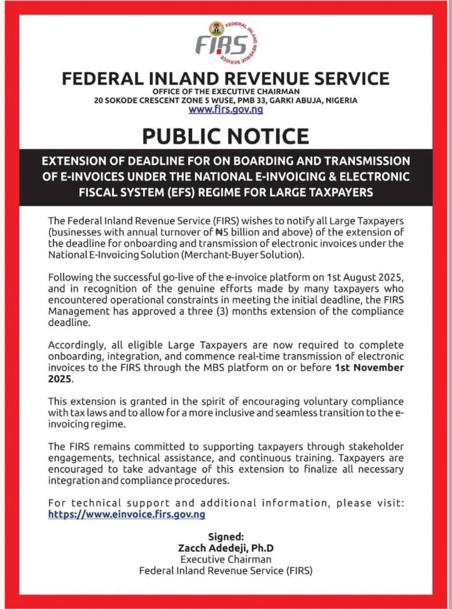 nestaseyi's tweet photo. ๐จ Public Notice @FIRSNigeria
โจDeadline extended for on-boarding & transmission of E-Invoices under the National E-Invoicing & Electronic Fiscal System (EFS) for large taxpayers only.
New timeline & full details in the post below.
#SimplifyingTax #MaximisingRevenue https://t.co/9Sh5s4zmoA