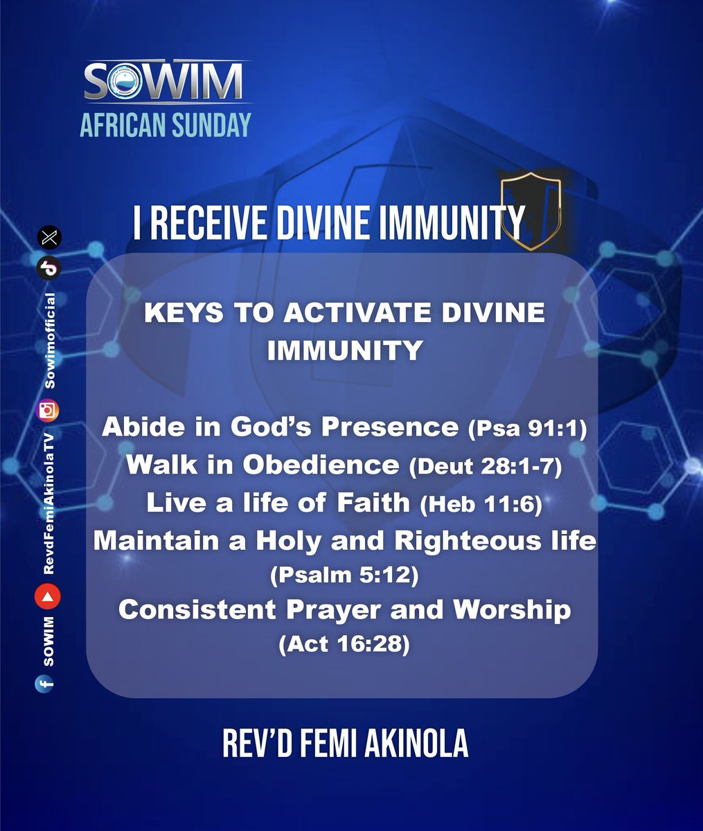 SowimOfficial's tweet photo. EXCERPTS FROM AUGUST AFRICAN SUNDAY’S TEACHING
Title: I RECEIVE DIVINE IMMUNITY
Ministering: Rev’d Femi Akinola
Full sermon available on YouTube and Facebook
Link: https://t.co/LyUpcfROl8
Remain blessed
#SOWIM
#RevdFemiAkinola
#ApostleOfMystery
#AfricanSunday https://t.co/gdmCrR9QZE