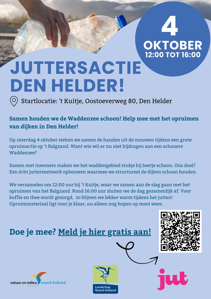 Opruimactie! Zaterdag 4 oktober (12.00 - 16.00 uur) trekken we er samen op uit om de dijken bij ’t Balgzand in Den Helder op te ruimen. Doe ook mee, ontmoet andere jutters en help ons bouwen aan een schoon Waddengebied. Meer info en aanmelden: mnh.nl/groene-agenda/…