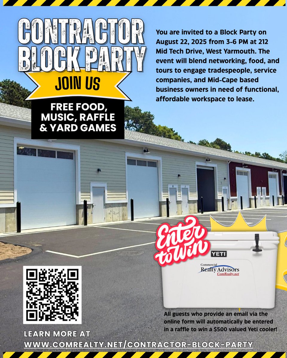 ComRealtyNet's tweet image. Don&apos;t forget that you can sign up AHEAD OF TIME for our FREE raffle to win a YETI COOLER at the Contractor Block Party!

Read more: comrealty.net/contractor-blo…