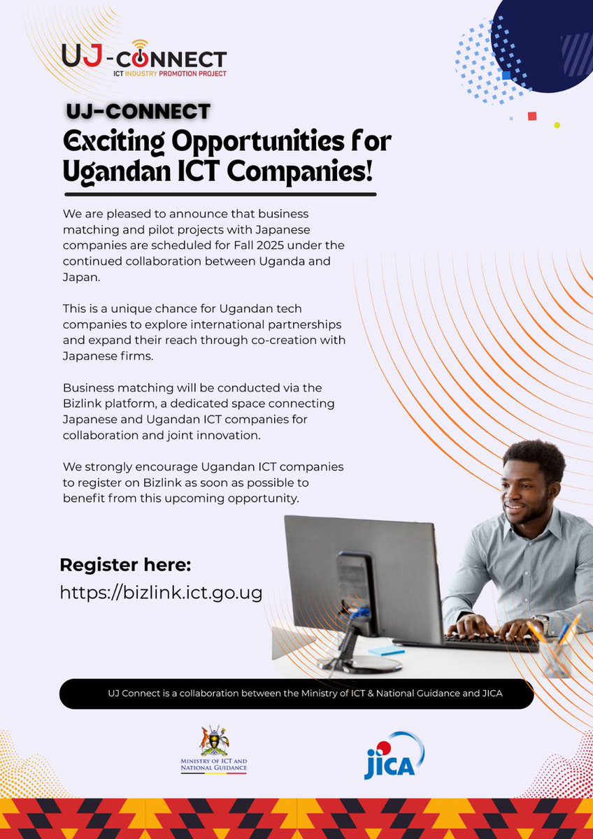 Are you an IT company looking for a global platform for collaboration and joint innovation? 
<a href="/MoICT_Ug/">Ministry of ICT&NG</a> , in partnership with <a href="/JicaUganda/">JICA Uganda</a>  through the UJ-Connect Project, are connecting Ugandan tech firms with Japanese companies for business matching.
Register now on Bizlink: