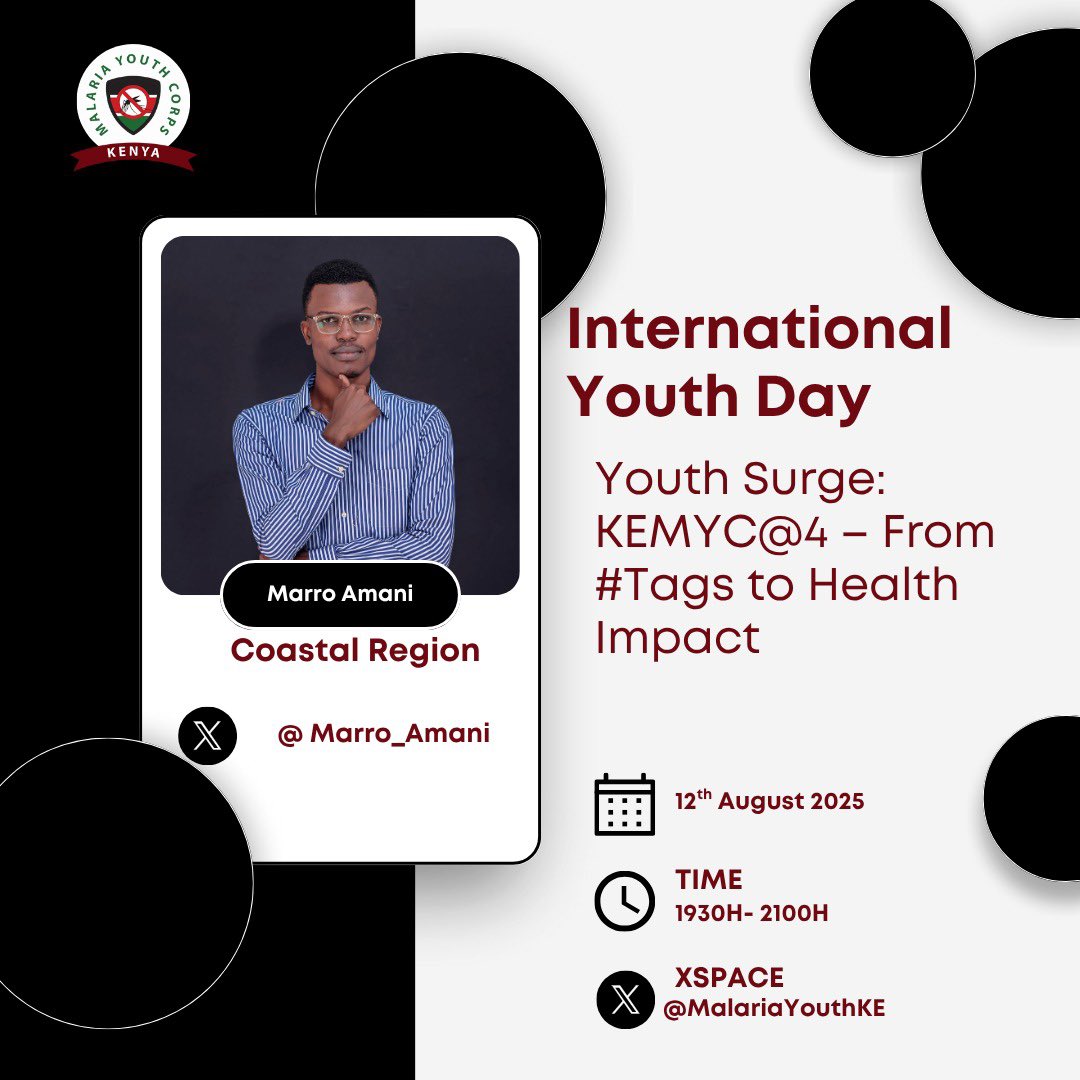 This #InternationalYouthDay, join us for KeMYC at 4: From Hashtags to Health Impact  🦟💪 
🗓 12th August 2025 | 🕖 1930H–2100H EAT 

📍 XSpace: <a href="/MalariaYouthKE/">Kenya Malaria Youth Corps</a>

Set a Reminder 👇🏽 
x.com/i/spaces/1OyKA…

#ZeroMalariaYouthKE #YouthLeadHealth