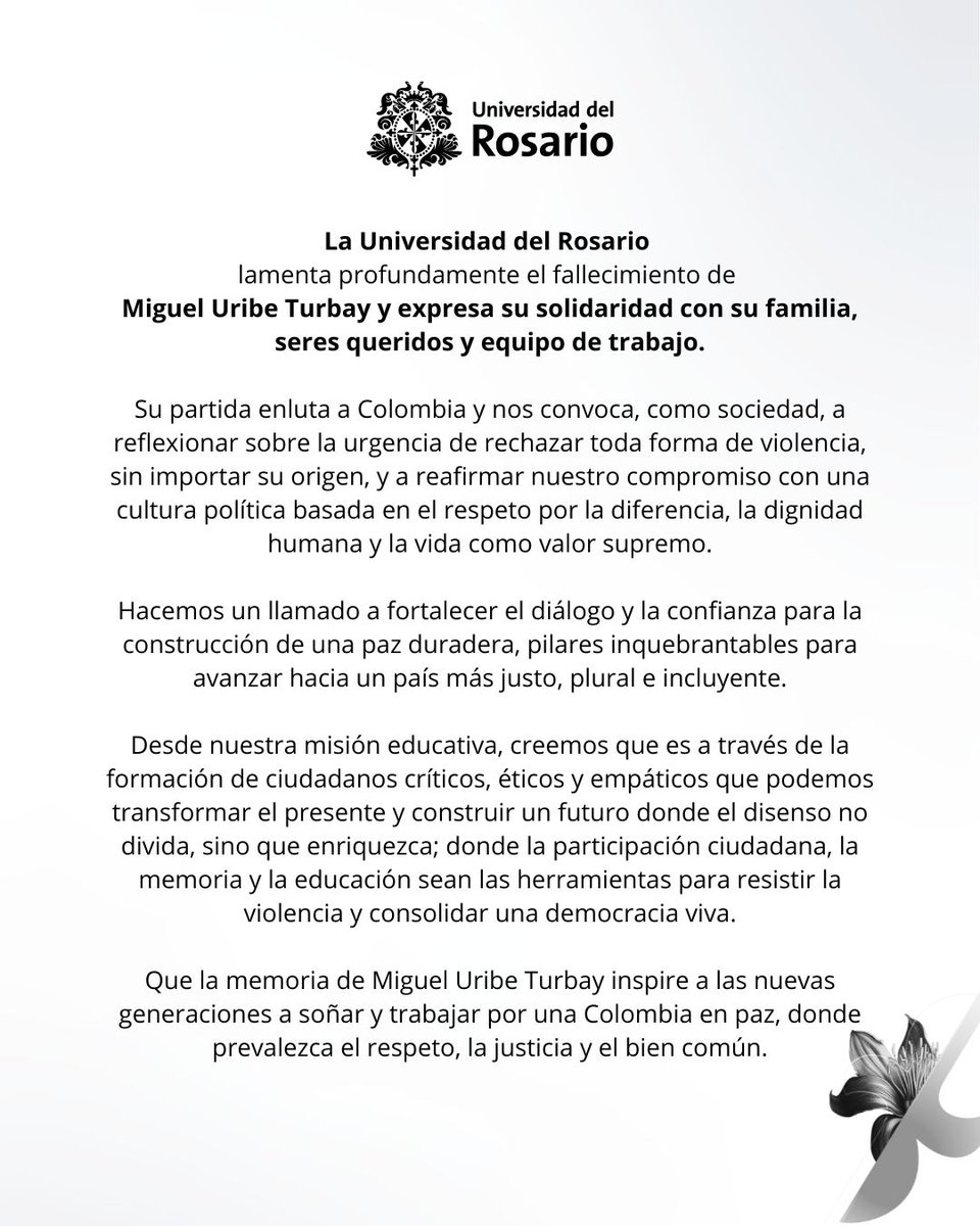 Lamentamos el fallecimiento del senador Miguel Uribe Turbay, quien deja un legado de servicio y amor por Colombia.
Expresamos nuestra solidaridad a su familia y nuestro anhelo de que la violencia cese en nuestro país. 🇨🇴