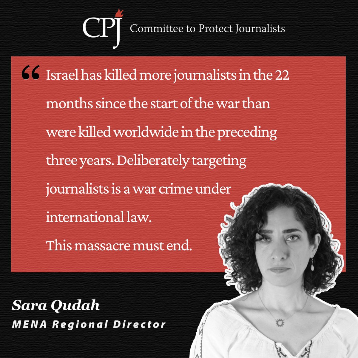 #Gaza: “Israel has killed more journalists in the 22 months since the start of the war than were killed worldwide in the preceding three years. Deliberately targeting journalists is a war crime under international law. This massacre must end.”

cpj.org/2025/08/israel…