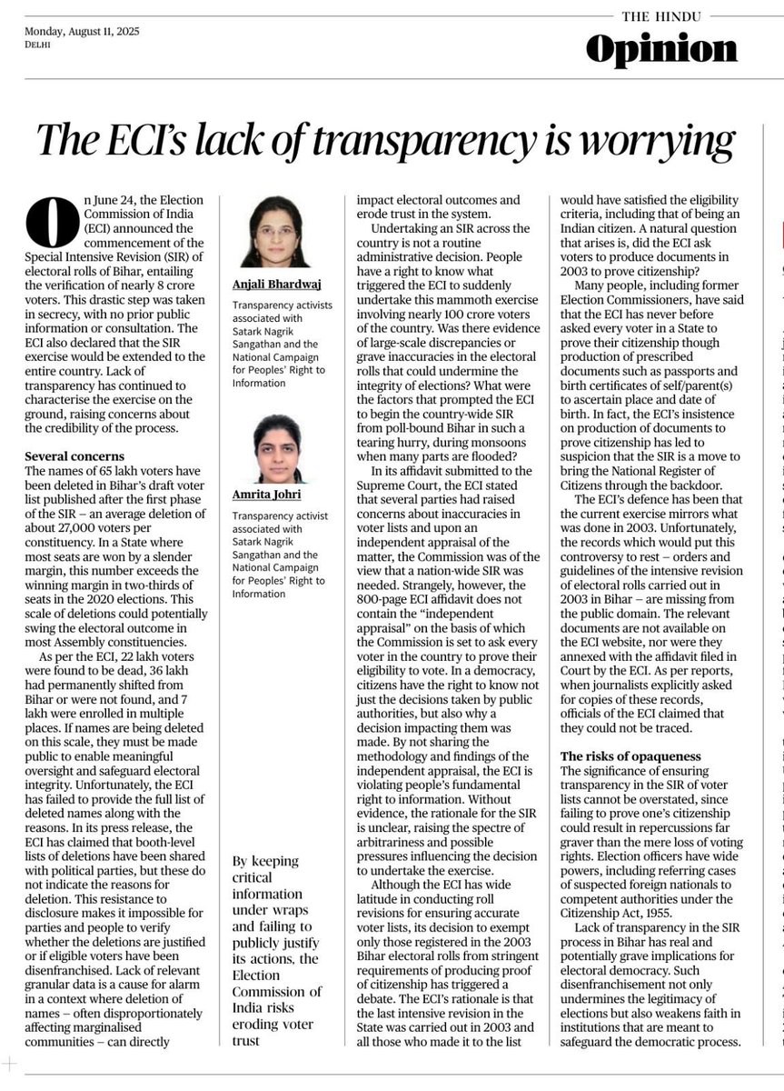 The ECI’s lack of transparency is worrying. Shows its dishonest intentions: Anjali Bhardwaj &amp; Amrita Johri