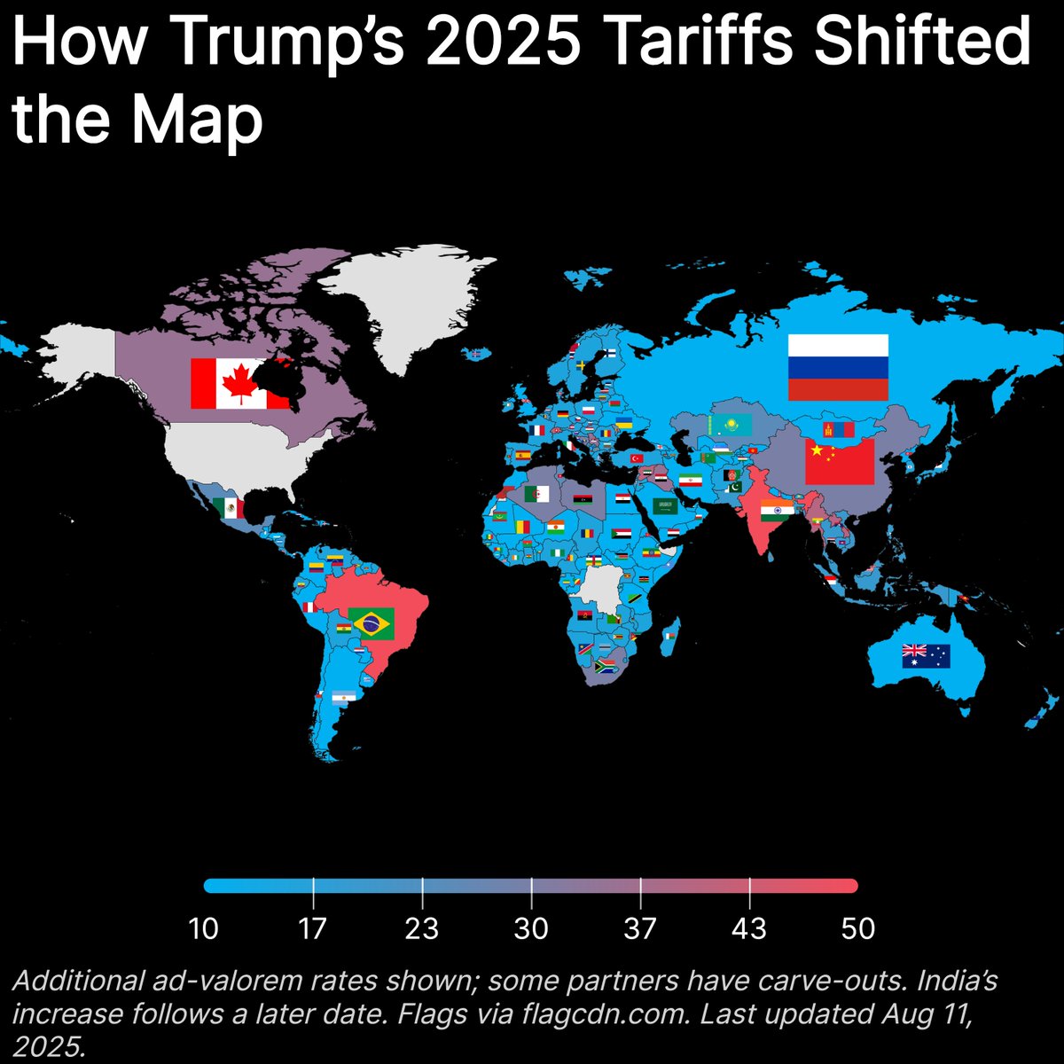 PlotSet.com ๐ (@plotset) on Twitter photo How Trumpโs 2025 tariffs reshaped the global trade map.
Biggest hikes hit:
๐ง๐ท Brazil
๐จ๐ณ China
๐ท๐บ Russia
Lower tiers for many developing nations, with carve-outs for some partners.
๐ฅ Made with <a href="/plotset/">PlotSet.com ๐</a> โ plotset.com
โฌ๏ธ Get this chart in PNG, SVG, JPG for FREE: How Trumpโs 2025 tariffs reshaped the global trade map.
Biggest hikes hit:
๐ง๐ท Brazil
๐จ๐ณ China
๐ท๐บ Russia
Lower tiers for many developing nations, with carve-outs for some partners.
๐ฅ Made with <a href="/plotset/">PlotSet.com ๐</a> โ plotset.com
โฌ๏ธ Get this chart in PNG, SVG, JPG for FREE:
