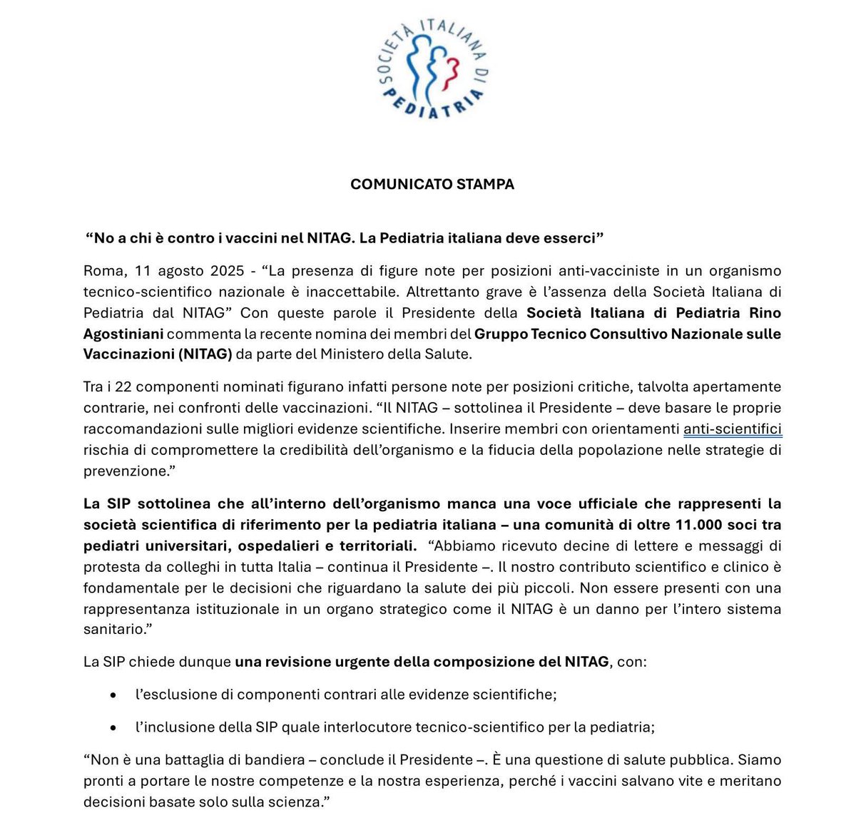 Anche la Società Italiana di Pediatria prende posizione contro la nomina al NITAG di membri che hanno orientamenti anti-scientifici.
... Mi raccomando, querelate anche la SIP e tutti i pediatri associati, adesso 😉