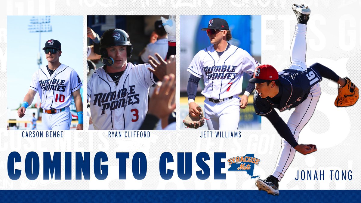 Syracuse Mets (@syracusemets) on Twitter photo Carson Benge, Ryan Clifford, Jett Williams & Jonah Tong are COMING TO CUSE‼️🤝
Catch all the action on the Road against <a href="/RocRedWings/">Rochester Red Wings</a> this Week on <a href="/TheScore1260/">The Score 1260</a> with <a href="/SYRMetsRadio/">Syracuse Mets Radio</a>! We return home on TUESDAY, AUGUST 19 to take on the <a href="/indyindians/">Indianapolis Indians</a>, the AAA Affiliate of the Carson Benge, Ryan Clifford, Jett Williams & Jonah Tong are COMING TO CUSE‼️🤝
Catch all the action on the Road against <a href="/RocRedWings/">Rochester Red Wings</a> this Week on <a href="/TheScore1260/">The Score 1260</a> with <a href="/SYRMetsRadio/">Syracuse Mets Radio</a>! We return home on TUESDAY, AUGUST 19 to take on the <a href="/indyindians/">Indianapolis Indians</a>, the AAA Affiliate of the