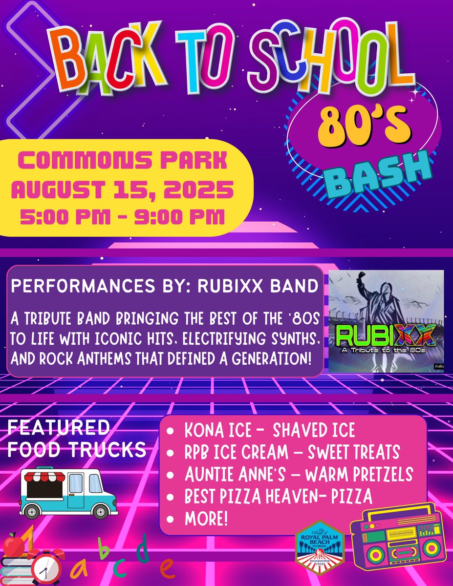 🎸 Back to School 80’s Bash – Fri, Aug 15 @ Commons Park! 🎒💾
5:30–8 PM: Glow-in-the-dark hamster wheel &amp; crazy games 🎡
7–9 PM: Live 80s jams w/ Rubixx Band 🎤🎶
🍕 Kona Ice • Auntie Anne’s • Best Pizza Heaven &amp; more!
Wear school colors/jersey &amp; party like it’s 1985!