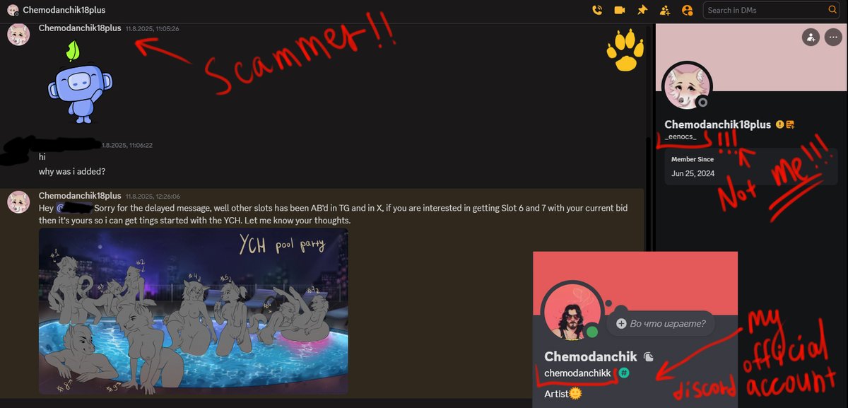 ATTENTION, SCAMMER
Someone is trying to impersonate me and is writing to you on Discord (or maybe on other social networks on my behalf). Now there is a scammer with the nickname _eenocs_ on Discord. Don't fall for it!  My official account on Discord is chemodanchikk