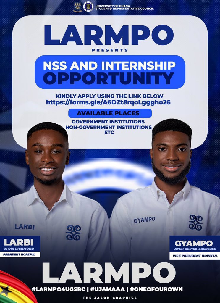 OforiLarbi_00's tweet image. LARBI x GYAMPO FOR UGSRC PRESIDENCY

Opportunities like this don’t knock twice!LARMPO brings you internship and NSS slots.

Kindly apply using the link below
forms.gle/A6DZt8rqoLgggh

#GettingTheJobDone
#OneOfOurOwn
#LARMPO4UGSRC
#Ujamaaa