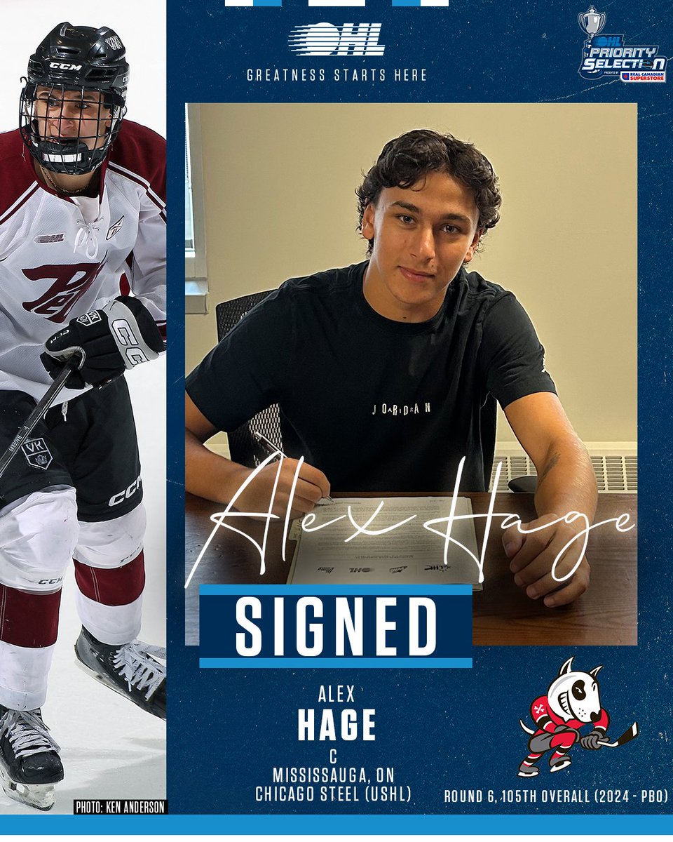 The <a href="/OHLIceDogs/">Niagara IceDogs</a> have signed forward Alex Hage to an #OHL Scholarship and Development Agreement. 🤩

The 2008-born prospect joins after a season with the USHL’s Chicago Steel and is eligible for the 2026 #NHLDraft.

DETAILS 🗞️: tinyurl.com/6zne7tmn