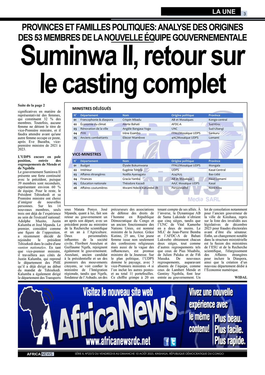 #RDC Voici les familles politiques et les provinces d’origine des 53 ministres du gouvernement Suminwa II africanewsrdc.net/featured/voici…