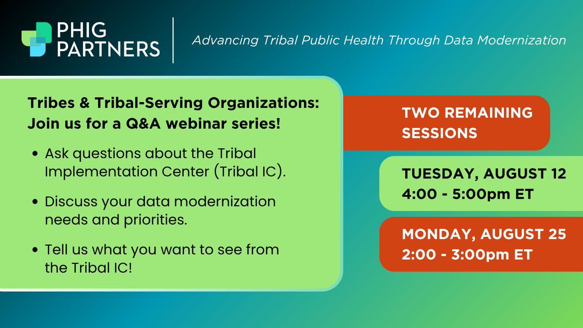 NNPHI_ORG's tweet image. 📣 Calling all #Tribal data professionals, leaders, &amp;amp; decision-makers: 2 more opportunities to join our Q&amp;amp;A webinar series on the Tribal Implementation Center (buff.ly/mEcNvpI), a program supporting Tribal public health #datamodernization #PHIG. 🔗buff.ly/Z1ggr83