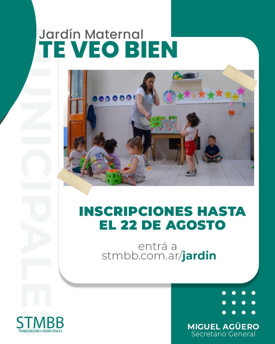 🧸 Inscripciones abiertas – Jardín Maternal “Te Veo Bien” 🌈

Hasta el 22 de agosto podés anotar a tus peques en nuestro jardín maternal.

📲 Inscribite ahora en 👉 stmbb.com.ar/jardin

#STMBB #JardínMaternal #TeVeoBien #InscripcionesAbiertas
