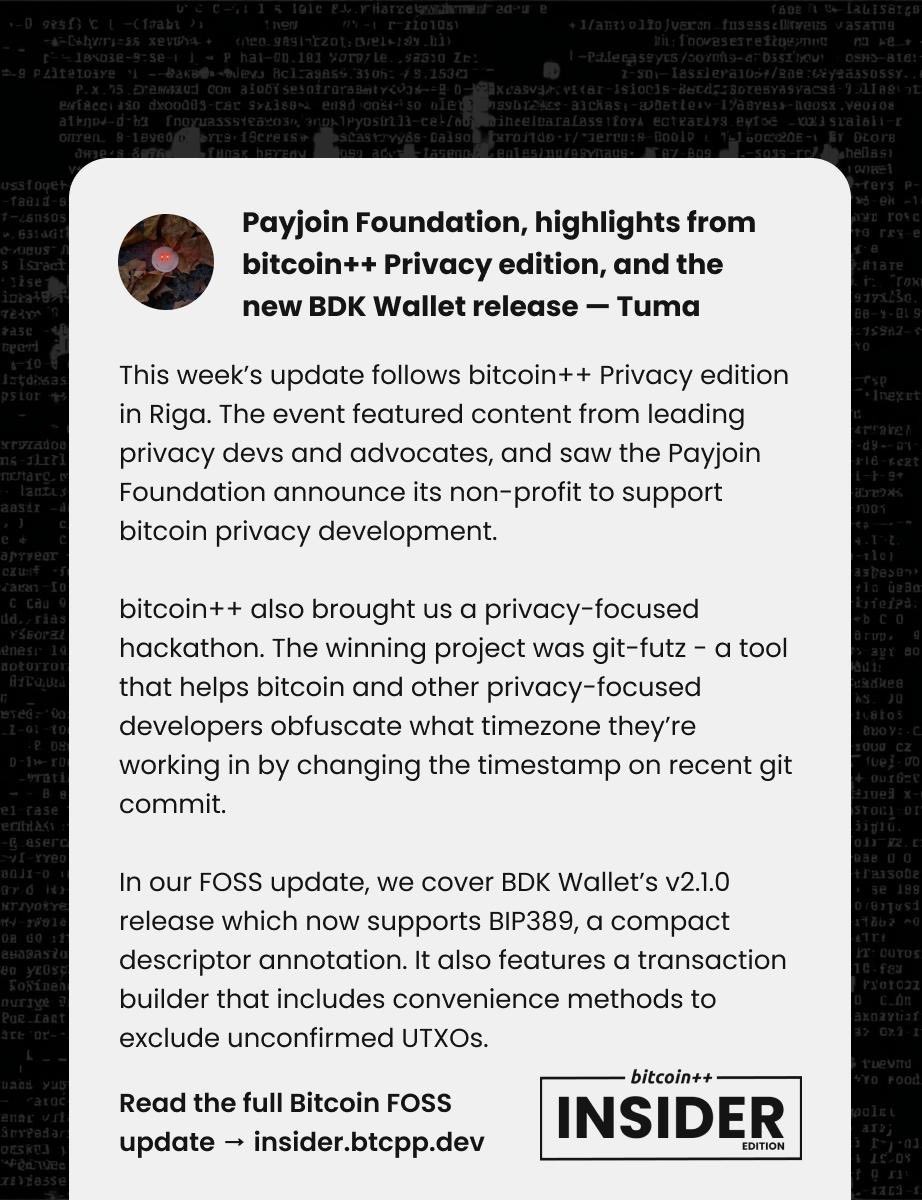 Tuma💀 (@tumabitcoiner) on Twitter photo Last Week in Bitcoin:
Payjoin Foundation, highlights from bitcoin++ Privacy edition and the new BDK Walet release in this weeks <a href="/btcinsider__/">btc++ insider edition</a> weekly update.
Find the full post below 👇 Last Week in Bitcoin:
Payjoin Foundation, highlights from bitcoin++ Privacy edition and the new BDK Walet release in this weeks <a href="/btcinsider__/">btc++ insider edition</a> weekly update.
Find the full post below 👇