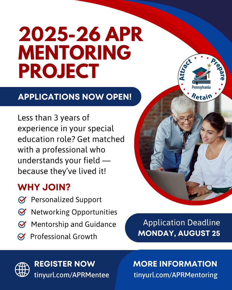 New to your role in #SpecialEducationInPa? 📢 Get Matched with a Mentor for FREE!

🚩 Apply by Mon. 8/25: tinyurl.com/APRMentee

Whether you’re navigating your first #IEPs, juggling evals, or simply seeking advice, the APR #MentorshipProgram offers custom guidance &amp; insight ✨