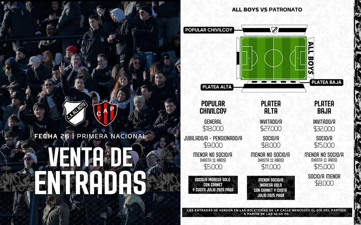 caallboys's tweet photo. Venta de entradas para el partido contra #Patronato

🗓 Se venderán a partir de las 16:00 hs en las boleterías ubicadas en Mercedes 1951.

🤍🖤 #SoyDeAllBoys 🖤🤍 https://t.co/FdR9ZQLv7M
