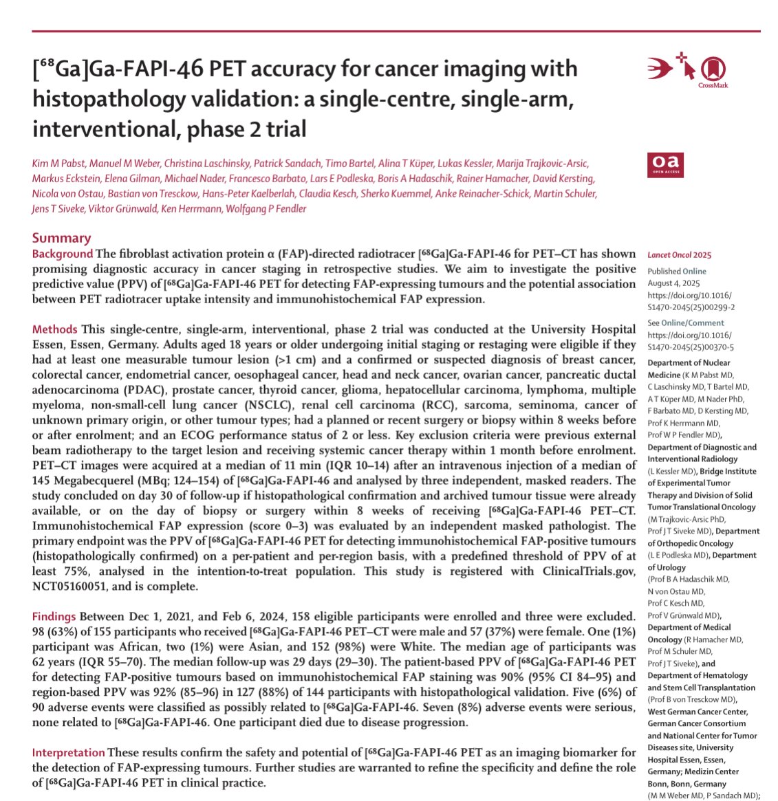 DrYukselUrun's tweet photo. Phase 2 trial shows FAPI-PET–CT is safe, reproducible &amp; highly accurate for detecting FAP+ tumours (PPV 90%).
☢️Next step? A potential FAP-targeted theranostic era.
@TheLancetOncol @OncoAlert @ViktorGruenwald 
https://t.co/bIWqJZNc8j https://t.co/HUBJLfie5X