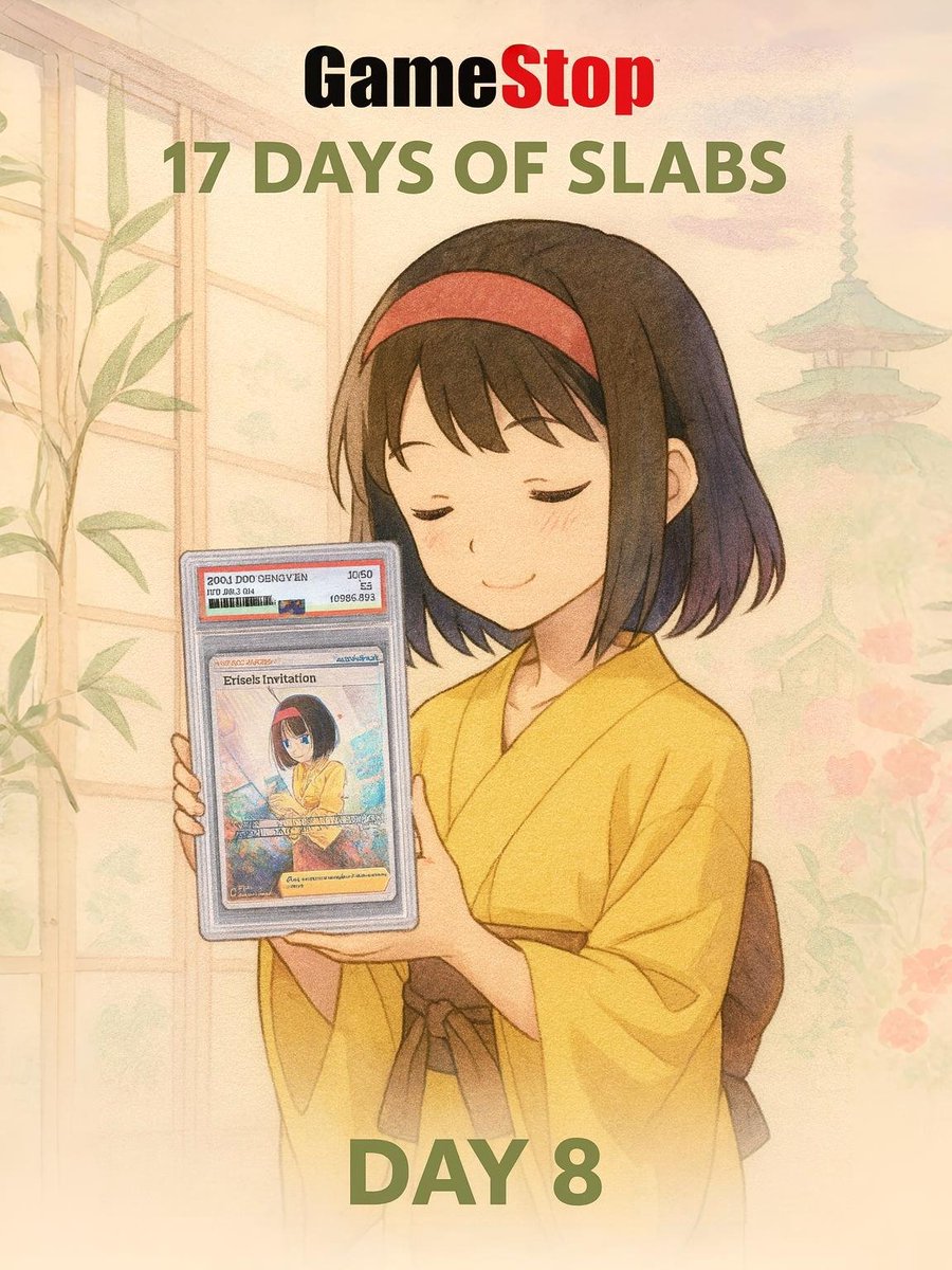 RoaringSensei's tweet photo. Day 8️⃣ – 17 Days of Slabs! 🎴🇯🇵

Straight from @GameStop @PowerPacks — Erika’s Invitation 🌸
A calm, pastel piece of Japanese artistry… but don’t be fooled — this serene scene can flip a battle in an instant.

Like ❤️ Retweet 🔁 Tag a friend in the comments 💬 to enter — winner picked tonight AFTER my LIVE stream! 👀 GOOD LUCK! 🤞

#PokemonTCG #GameStop #17DaysOfSlabs #PSA #PowerPacks