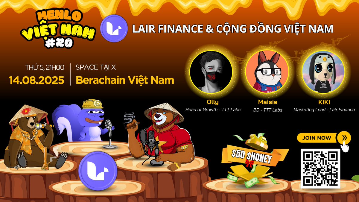 beravietnam's tweet photo. 📢AMA HENLO Việt Nam #20 “Lair Finance & Cộng đồng Việt Nam” | Phần thưởng 50 $HONEY

@LairFinance là một giao thức cross-chain liquid restaking dành cho người dùng trên nhiều L1 (Kaia, Bera, Injective, Somnia và hơn thế nữa), giúp tăng lợi suất staking và mở khóa thanh khoản. Trên Bera, $LrBGT của Lair sẽ là cánh cửa để bạn farm $iBGT.

Thông tin AMA:
🗓 Thời gian: 21h00 (9PM, UTC+7), Thứ 5 | 14/08/2025

🎤 Host: Berachain Việt Nam
- Olly – Head of Growth, TTT Labs
- Maisie – BD, TTT Labs

🎤Khách mời:
- KiKi - Marketing Lead, Lair Finance

📍Địa điểm: X Space song ngữ tại Berachain Việt Nam | @beravietnam 

✅ Nội dung chương trình AMA:
- Giới thiệu tổng quan về Lair Finance
- Tầm nhìn và định hướng phát triển
- Giao lưu & trả lời câu hỏi từ cộng đồng

🎁 Phần thưởng: Chia sẻ phần thưởng trị giá 50 $Honey (Đặt câu hỏi và tham gia AMA)
✅ Theo dõi @ttt_lab, @beravietnam, @LairFinance
✅ Like, RT, tag 3 bạn và bình luận về AMA
✅ Đặt câu hỏi tại: https://t.co/vlePncn6mB
✅ Tham gia “Beras in Vietnam” TG: https://t.co/D9pXlDnXZq

#Berachain #Lair #TTT #beravietnam