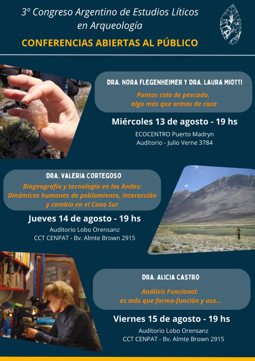 📅Mañana comienza el 3º Congreso Argentino de Estudios Líticos en Arqueología (CAELA) 

👉🏽Se desarrollará entre el 12 y el 16 de agosto en Puerto Madryn y contará con tres conferencias abiertas al público en el auditorio del CCT CONICET-CENPAT
