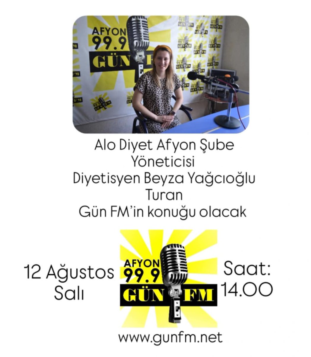 Afyon Gün FM (@afyongunfm) on Twitter photo Alo Diyet Afyon Şube Yöneticisi Diyetisyen Beyza Yağcıoğlu Turan, Gün FM'in konuğu olacak.
Programı 12 Ağustos Salı günü saat 14.00'de dinleyebilirsiniz.
Radyonuz açık olsun. <a href="/fatosakar3/">fatos_akar</a> Alo Diyet Afyon Şube Yöneticisi Diyetisyen Beyza Yağcıoğlu Turan, Gün FM'in konuğu olacak.
Programı 12 Ağustos Salı günü saat 14.00'de dinleyebilirsiniz.
Radyonuz açık olsun. <a href="/fatosakar3/">fatos_akar</a>