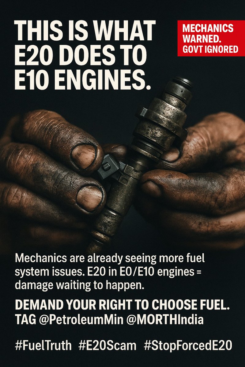 Akshay (@akshay) on Twitter photo Mechanics are already seeing more fuel system issues.
E20 in E0/E10 engines = damage waiting to happen.
We warned. The govt ignored.
📢 Demand your right to choose fuel. Tag <a href="/PetroleumMin/">Ministry of Petroleum and Natural Gas #MoPNG</a> <a href="/MORTHIndia/">MORTHINDIA</a>.
#FuelTruth #E20Scam Mechanics are already seeing more fuel system issues.
E20 in E0/E10 engines = damage waiting to happen.
We warned. The govt ignored.
📢 Demand your right to choose fuel. Tag <a href="/PetroleumMin/">Ministry of Petroleum and Natural Gas #MoPNG</a> <a href="/MORTHIndia/">MORTHINDIA</a>.
#FuelTruth #E20Scam