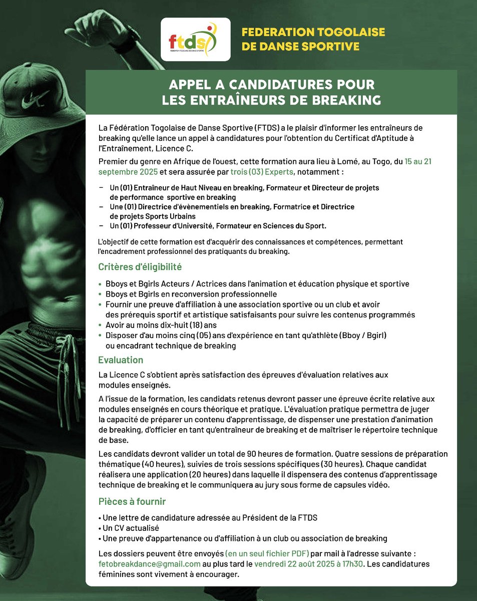 BreakingFtds's tweet photo. Appel à Candidatures pour les Entraîneurs de Breaking
Super opportunité pour les Bboys en conversion,l'appel est ouvert au Bboys de la sous Région ➕ DM
Call for Breaking Coaches
Great opportunity for Bboys in conversion, the call is open to Bboys in the sub-region ➕DM https://t.co/D3C82hKaW5