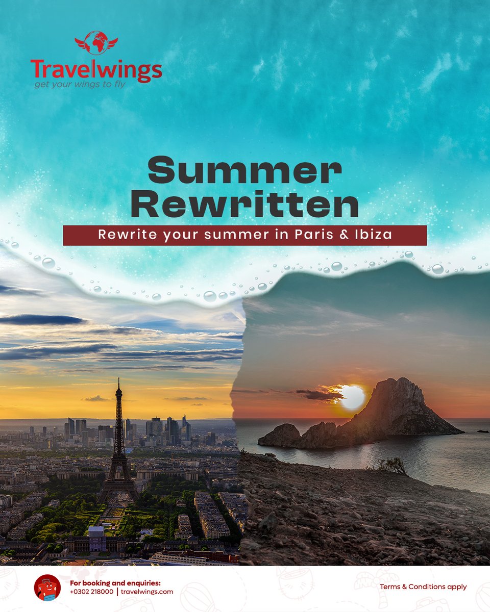 TravelwingsGH's tweet photo. Two cities. Two moods. One unforgettable summer.
From Paris’ timeless streets to Ibiza’s endless beats — let Travelwings rewrite your story. ✈️✨
📍 Paris & Ibiza
📞 0302 218 0000 | https://t.co/DvcwyKw2ZR
#Travelwings #SummerRewritten #Paris #Ibiza #TravelDeals #LuxuryTravel #ExploreMore