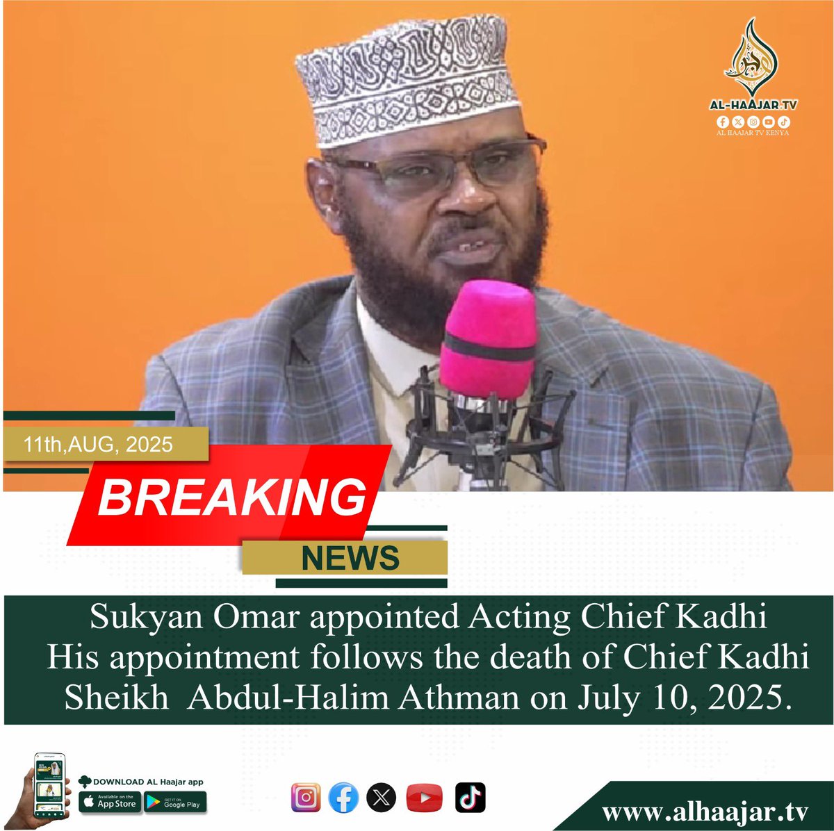 AlHaajarTv's tweet photo. 📢 BREAKING NEWS
In a significant leadership transition, Sukyan Omar, who previously served as the Deputy Chief Kadhi, has officially been appointed as the Acting Chief Kadhi of Kenya. His appointment follows the passing of the late Chief Kadhi Sheikh Abdul-Halim Athman. https://t.co/2c7Xeu76mv